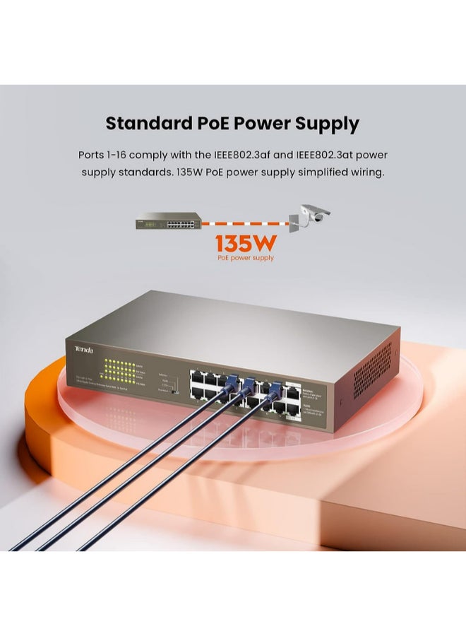 تيندا TEG1116P-16-150W 1000M&amp;POE مع محول جيجابت إيثرنت 16 منفذًا مع 16 منفذ POE بني  - Image 3