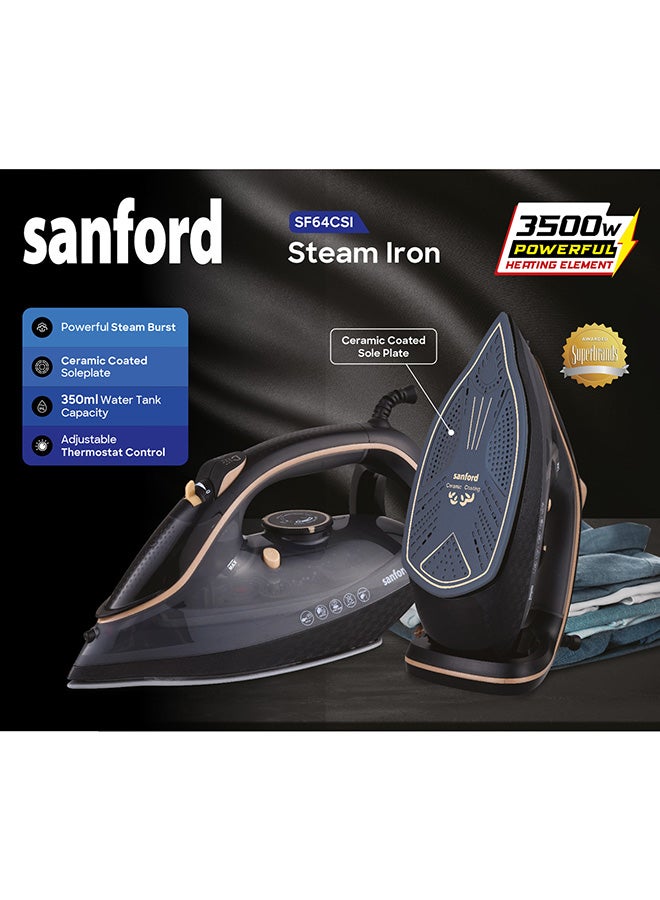 Sanford Powerful Ceramic Steam Iron 350ml with Non-Stick Coating Ceramic Sole Plate, Self Cleaning Function, Anti Drip Technology and Adjustable Thermostat Control 350 ml 3500 W SF64CSI BS Black - Image 5