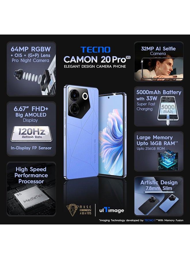 تكنو هاتف Camon 20 Pro ثنائي الشريحة بلون أزرق سيرينيتي وذاكرة وصول عشوائي (RAM) سعة 8 جيجابايت وذاكرة داخلية 256 جيجابايت يدعم تقنية 5G - إصدار الشرق الأوسط - Image 2