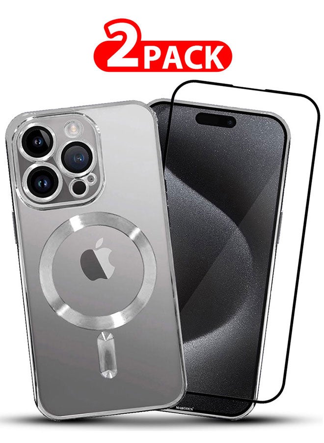 مارجون حافظة هاتف واقية وواقٍ للشاشة لجهاز آيفون 15 برو - عبوة من 2 - تصميم عصري مع طلاء كهربائي وامتصاص مغناطيسي، تغطية كاملة ومضادة للصدمات مع حلقات مغناطيسية. - Image 1