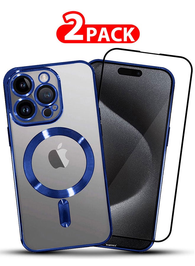 مارجون 2 Pack For iPhone 15 Pro Max Phone Protective Case And Screen Protector Fashionable Electroplated Magnetic Suction Full Covered Shockproof Phone Cover With Magnetic Rings Dark Dark Blue - Image 1