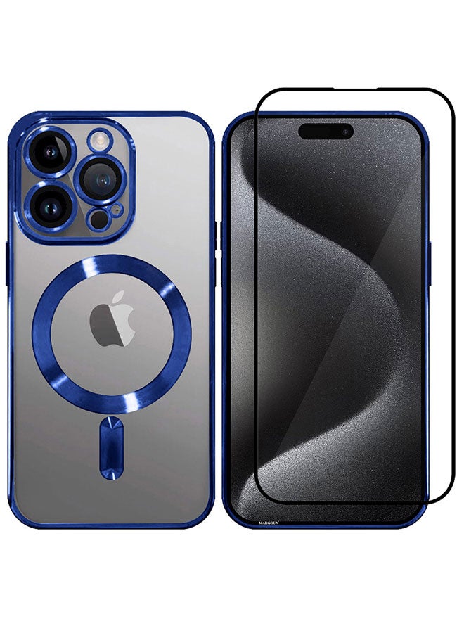 مارجون 2 Pack For iPhone 15 Pro Max Phone Protective Case And Screen Protector Fashionable Electroplated Magnetic Suction Full Covered Shockproof Phone Cover With Magnetic Rings Dark Dark Blue - Image 2