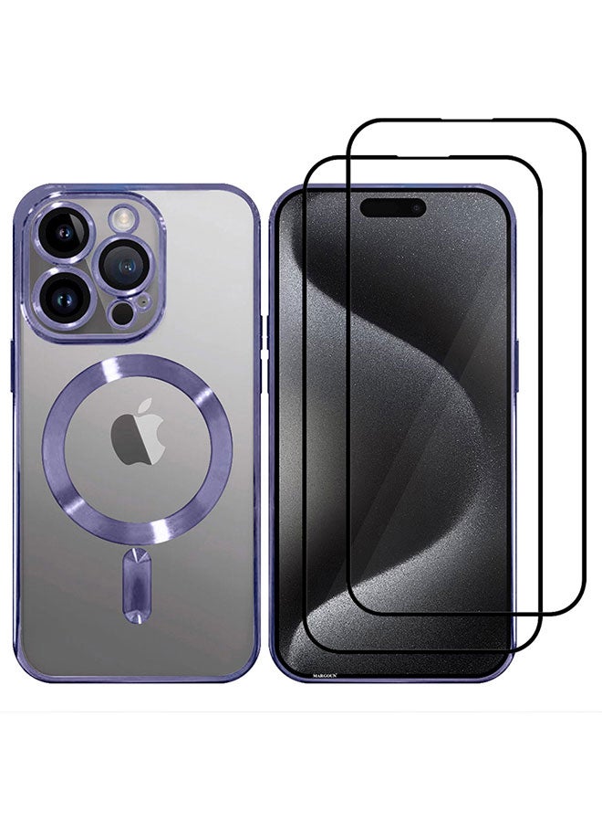 مارجون 3 Pack For iPhone 15 Pro Max Phone Protective Case And 2 Screen Protectors Fashionable Electroplated Magnetic Suction Full Covered Shockproof Phone Cover With Magnetic Rings Purple - Image 2