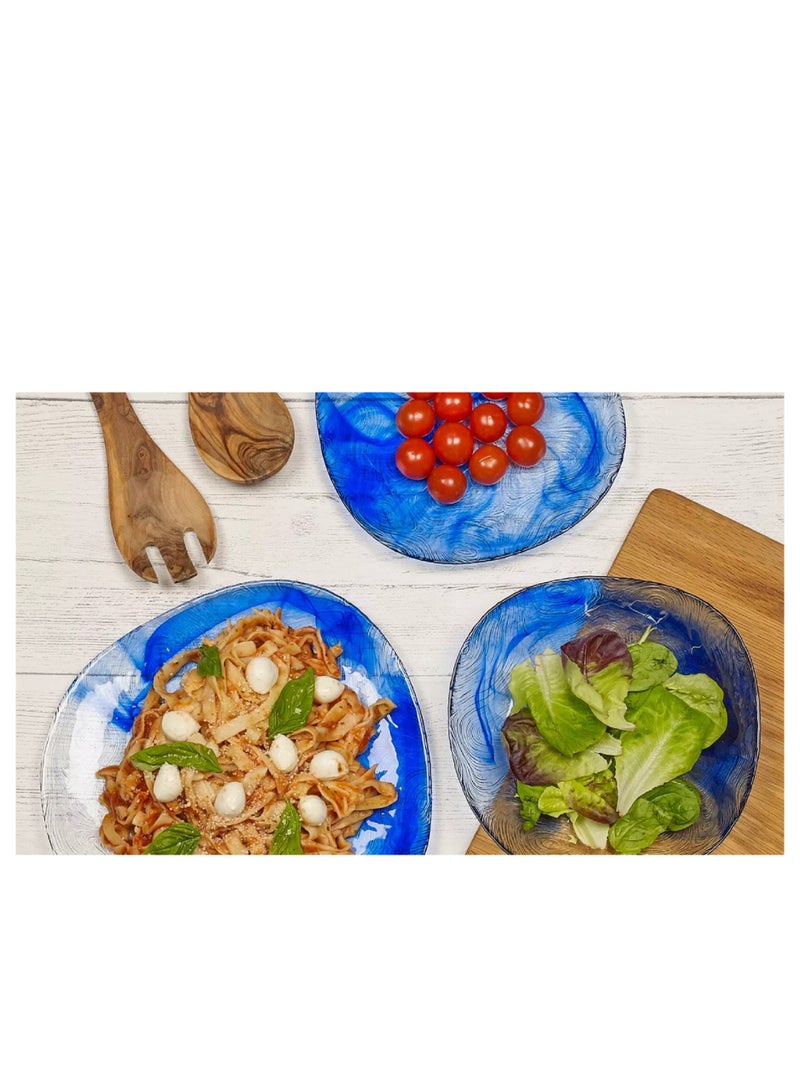 Pasabahce - 18-Piece Linden Batik Glass Plate Set, 6 Dinner Plate 260 mm, 6 Deep Plate 195 mm, 6 Dessert Plate 190 mm, Clear & Blue Multicolour 190mm - Image 1