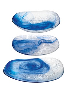 18-Piece Linden Batik Glass Plate Set, 6 Dinner Plate 260 mm, 6 Deep Plate 195 mm, 6 Dessert Plate 190 mm, Clear & Blue Multicolour 190mm