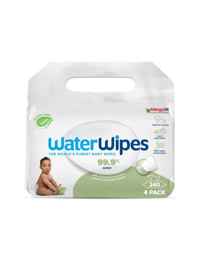 WaterWipes Pack Of 4 Plastic Free Textured Clean, Toddler, 99.9% Water Based Baby Wet Wipes And Unscented For Sensitive Skin - 240 Count  - Image 1