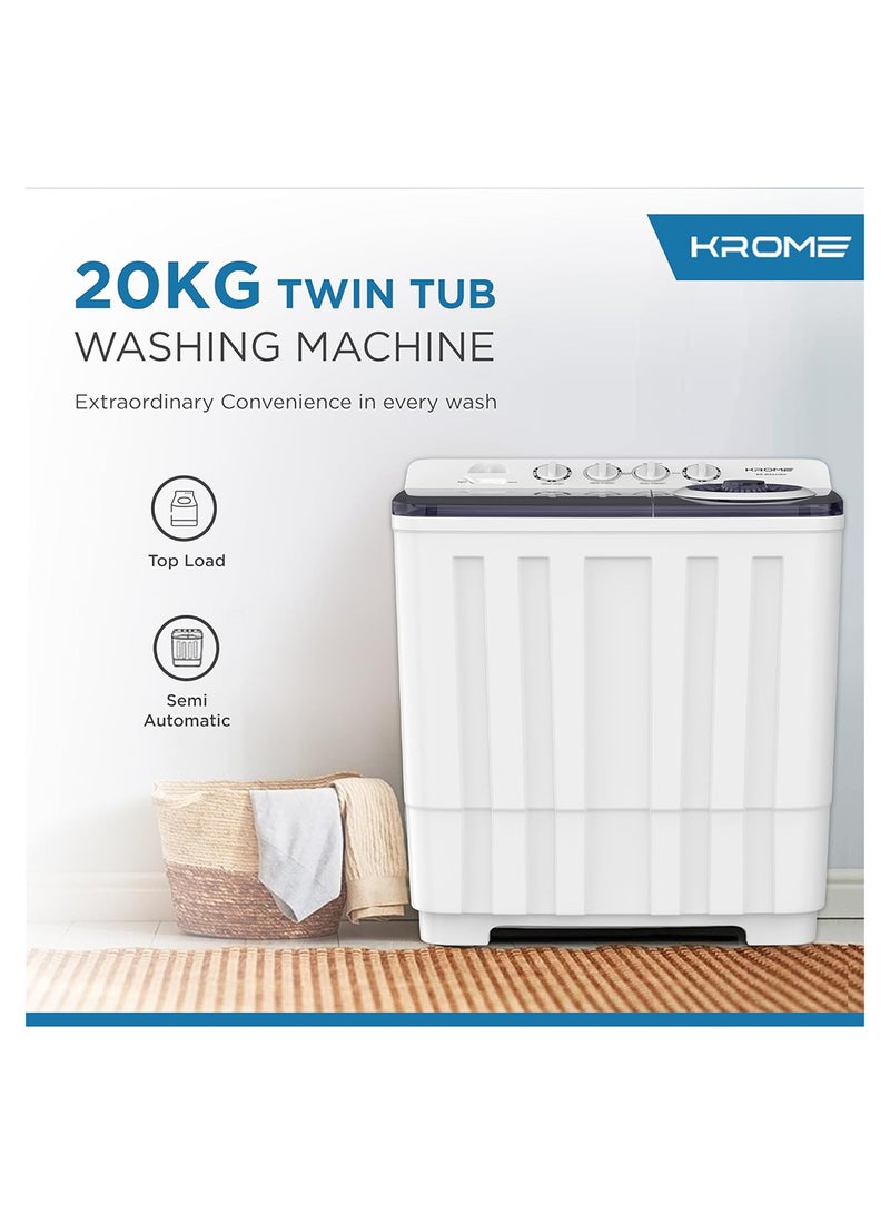 Krome - Twin Tub Semi-Automatic Washing Machine, Powerful Wash With Mechanical Wash Timer, Intuitive Control, Durable Aluminium Spin Motor, 480W Wash And 200W Spin Input Power 20 kg KR-WSA200K White - Image 1