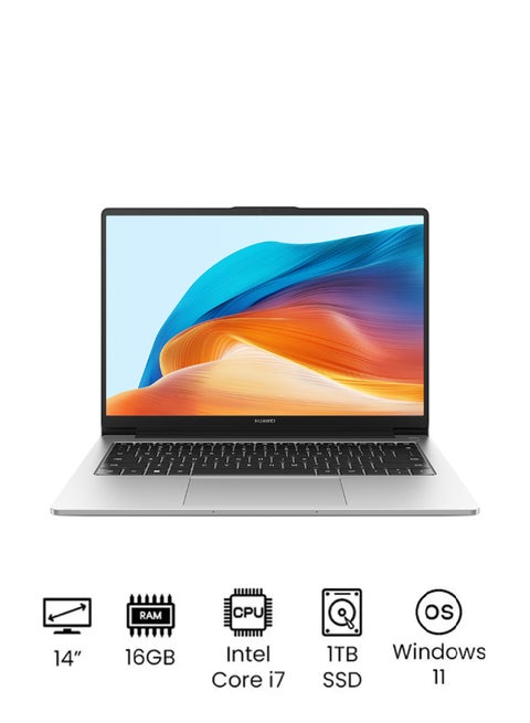 Matebook D14 Laptop 14 Inch FHD Display, Intel Core i7-1360P Processor/16GB RAM/1TB SSD/Intel Iris Xe Graphics/Windows 11 English/Arabic Mystic Silver