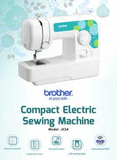 brother JC14 Compact Electric Sewing Machine easy to use sewing and mending machine |Featuring 14 range of stitches and free arm conversion This 4-step buttonhole | top load bobbin system and LED sewing light,| an instructional DVD for easy setup and operation | White/Pink color |Made in Vietnam JC14 White  - Image 1
