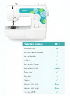 brother JC14 Compact Electric Sewing Machine easy to use sewing and mending machine |Featuring 14 range of stitches and free arm conversion This 4-step buttonhole | top load bobbin system and LED sewing light,| an instructional DVD for easy setup and operation | White/Pink color |Made in Vietnam JC14 White  - Image 5
