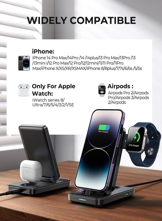 4 In 1 Wireless Charger Station | Fast Charging | Qi Multi Charging Stand | For Type-C Apple iPhone15 Series And Watch Samsung Huawei Black