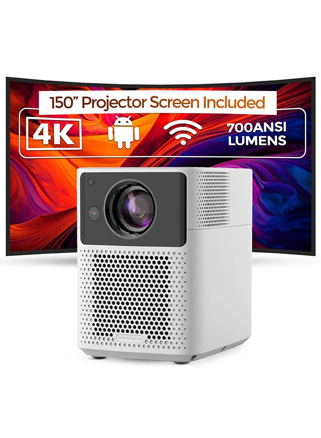 Wownect Smart Android Projector 700ANSI Lumens Auto Focus & Auto Keystone 1080P 4K Bluetooth WiFi Portable Home Theater With 150 Inch Projector Screen BBQ7 White 