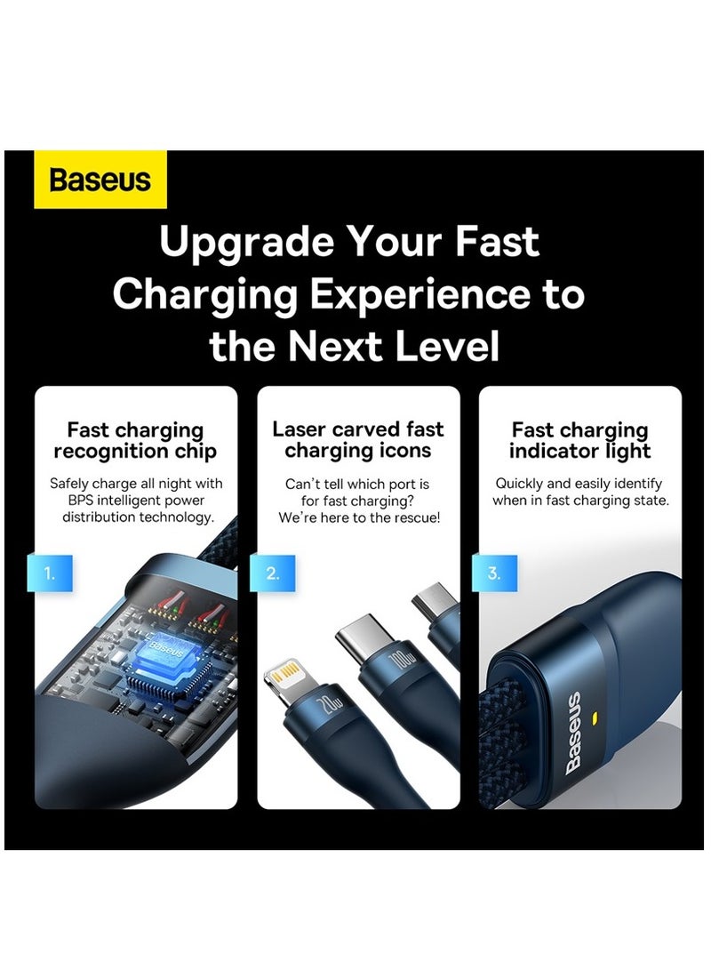 Baseus - 100W USB C Multi Charging Cable [1.5M] 3 In 1 Charging Cable Type C [100W]+Lightning[20W]+Micro[18W] For Samsung S23,iPad Pro, iPad Mini, MacBook Pro/Air/iPhone 15 Pro Max/Plus 14 13 12 11 Blue - Image 1