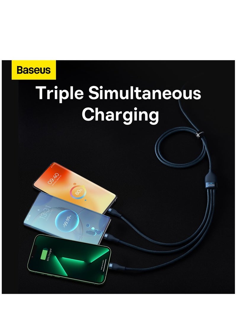 Baseus - 100W USB C Multi Charging Cable [1.5M] 3 In 1 Charging Cable Type C [100W]+Lightning[20W]+Micro[18W] For Samsung S23,iPad Pro, iPad Mini, MacBook Pro/Air/iPhone 15 Pro Max/Plus 14 13 12 11 Blue - Image 1