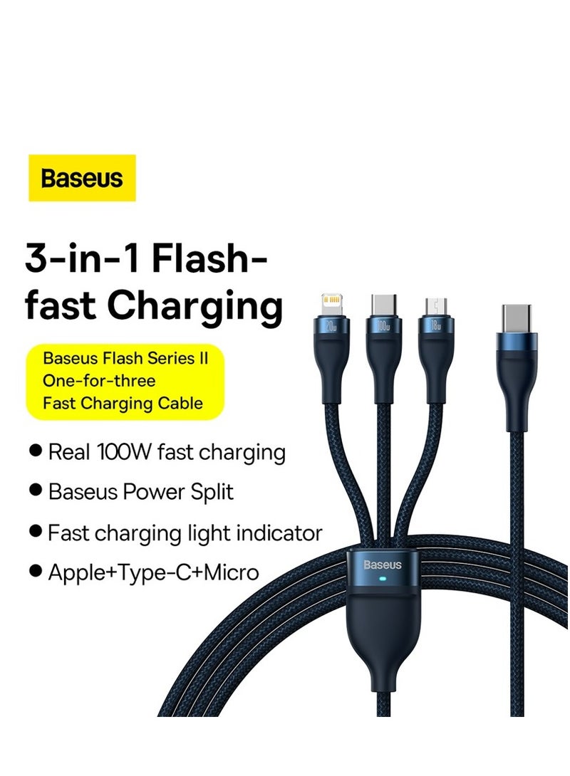 Baseus - 100W USB C Multi Charging Cable [1.5M] 3 In 1 Charging Cable Type C [100W]+Lightning[20W]+Micro[18W] For Samsung S23,iPad Pro, iPad Mini, MacBook Pro/Air/iPhone 15 Pro Max/Plus 14 13 12 11 Blue - Image 1