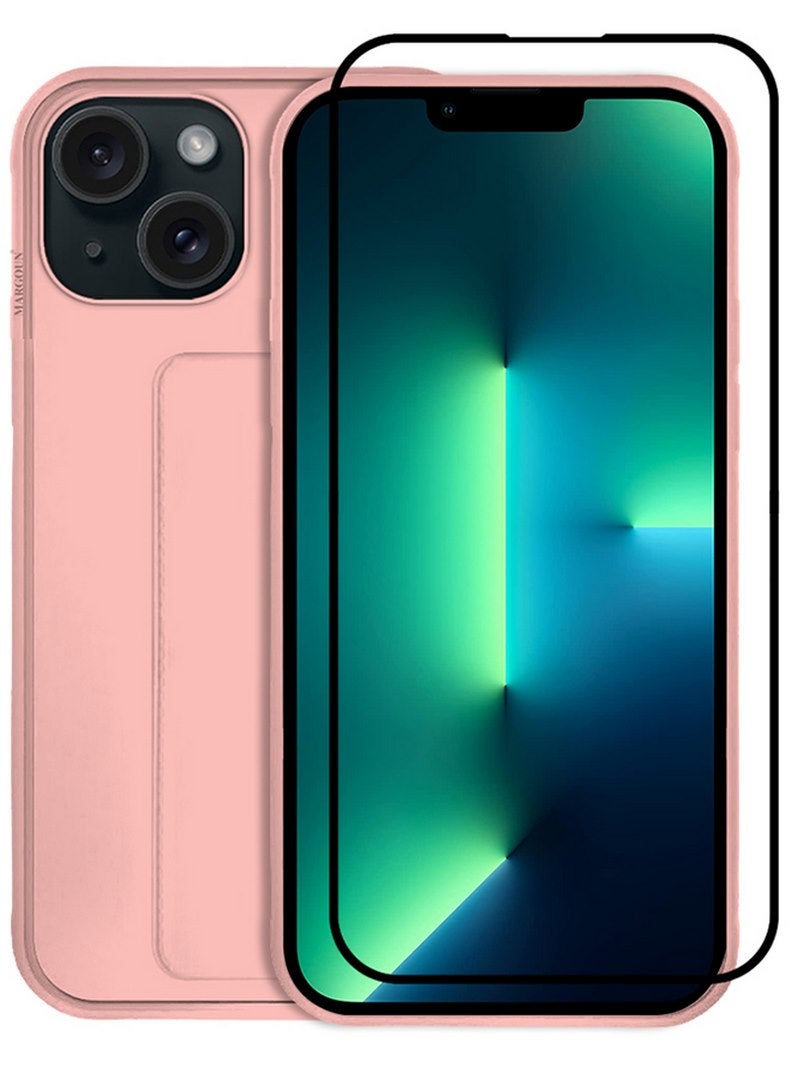 MARGOUN 2 Packs For iPhone 15 Case And Screen Protector Premium PU Leather Case With Stand Function Shockproof And Anti Scratch Finger Grip Case Cover Pink  - Image 3