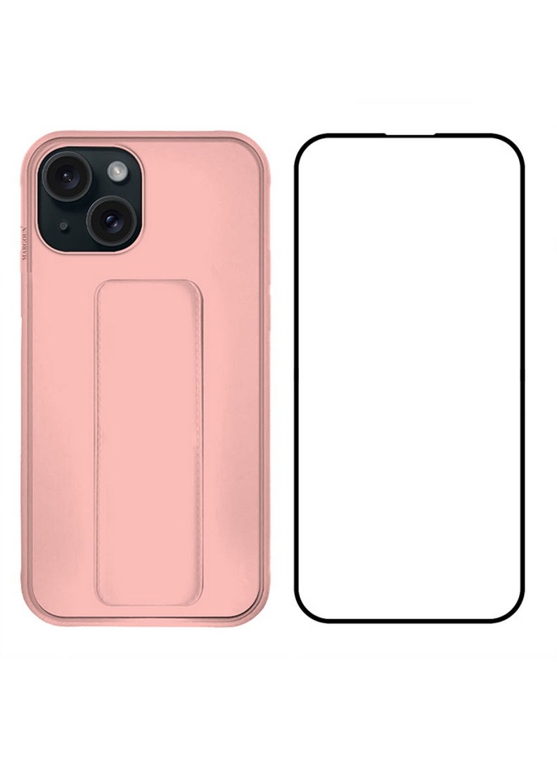 MARGOUN 2 Packs For iPhone 15 Case And Screen Protector Premium PU Leather Case With Stand Function Shockproof And Anti Scratch Finger Grip Case Cover Pink  - Image 2
