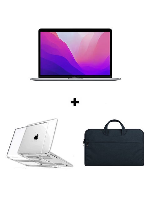 MacBook Pro MNEH3 13-Inch Display : Apple M2 chip with 8-core CPU and 10-core GPU, 256GB SSD With Crystal Clear Case & Sleeve Case English/Arabic Space Grey