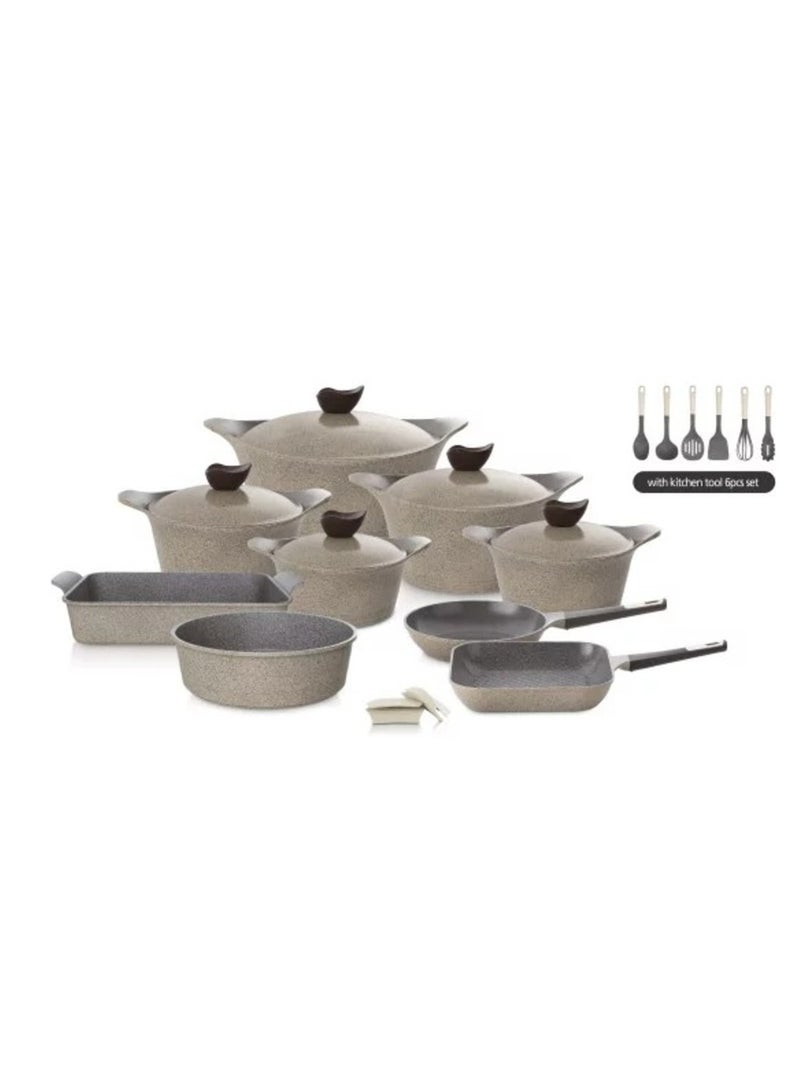 Neoflam Granite Cookware Set 20 pieces Beige Pot sizes: 18 cm + 20 cm + 22 cm + 24 cm + 28 cm + frying pan 26 cm + frying pan 28 cm + rectangular oven tray 40 cm + circular oven tray 28 cm + silicone grip + set of spoons 6 pieces - Image 1