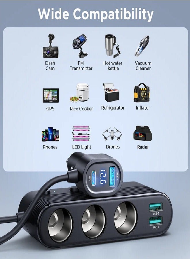 JOYROOM Cigarette Lighter Adapter, 139W Car Charger Adapter With PD30W Charge(3.3FT Cable), 24V/ 12V Car Splitter Adapter With Independent Switches And LED Voltage Display For All Car Devices Black  - Image 3