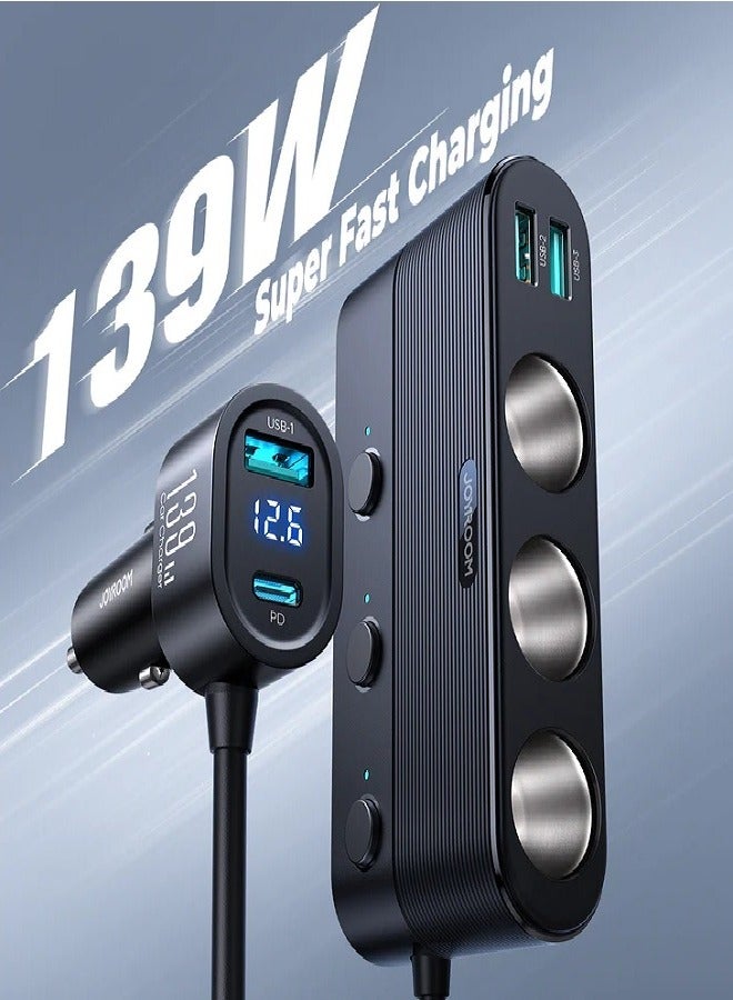 JOYROOM Cigarette Lighter Adapter, 139W Car Charger Adapter With PD30W Charge(3.3FT Cable), 24V/ 12V Car Splitter Adapter With Independent Switches And LED Voltage Display For All Car Devices Black  - Image 5