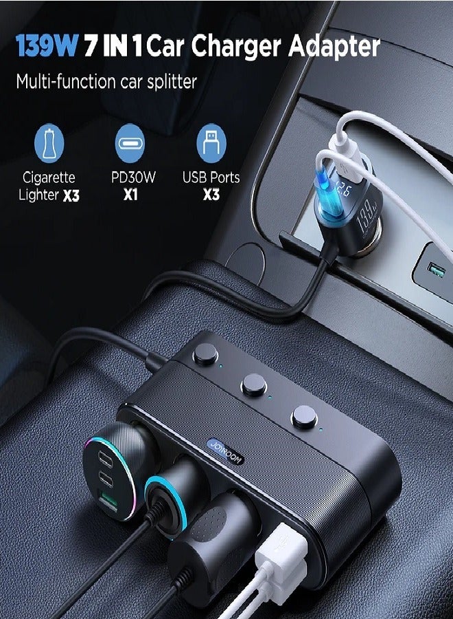 JOYROOM Cigarette Lighter Adapter, 139W Car Charger Adapter With PD30W Charge(3.3FT Cable), 24V/ 12V Car Splitter Adapter With Independent Switches And LED Voltage Display For All Car Devices Black  - Image 2