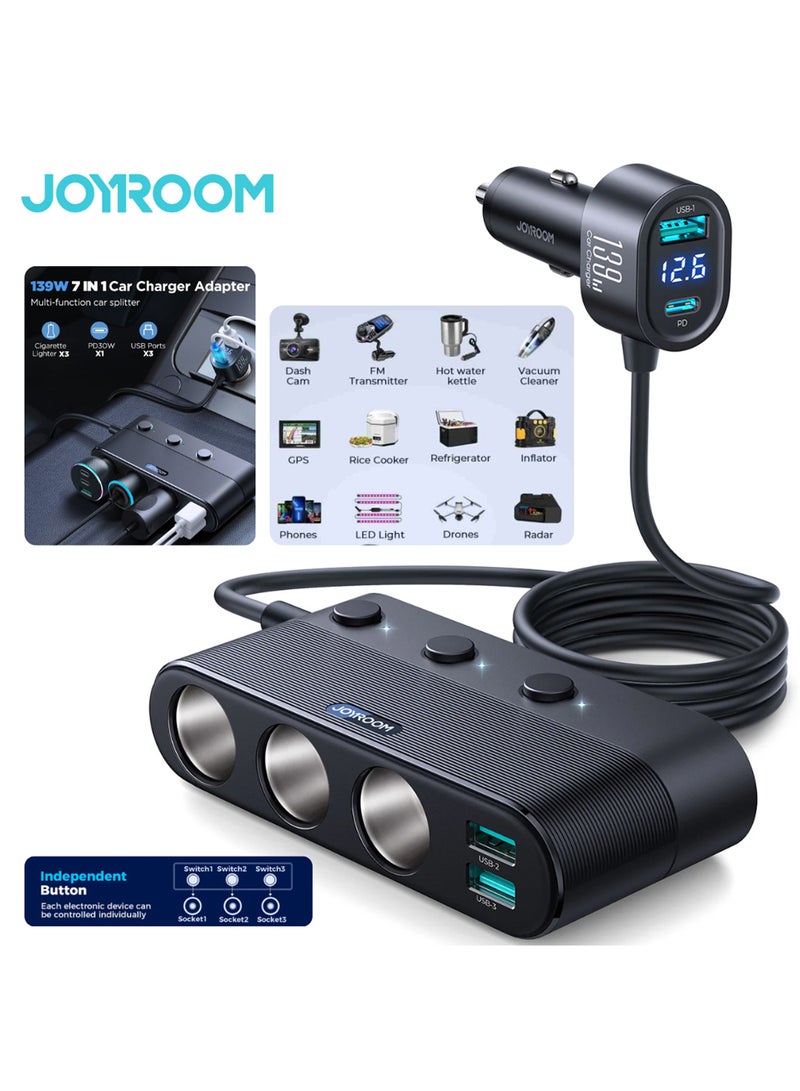 JOYROOM Cigarette Lighter Adapter, 139W Car Charger Adapter With PD30W Charge(3.3FT Cable), 24V/ 12V Car Splitter Adapter With Independent Switches And LED Voltage Display For All Car Devices Black  - Image 1
