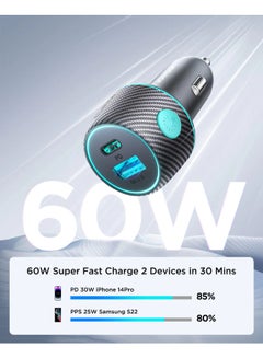 جوي روم JOYROOM JR-CCN01 60W USB+USB-C / Type-C شاحن سيارة متعدد الألوان مع زر الضوء  - Image 4