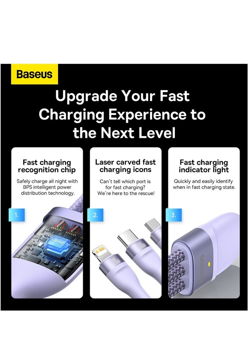Baseus - USB C Multi Charging Cable [1.5M] 3 In 1 Charging Cable Type C [100W]+Lightning[20W]+Micro[18W] For Samsung S23, iPad Pro, iPad Mini, MacBook Pro/Air/iPhone 15 Pro Max/Plus 14 13 12 11 Purple - Image 1