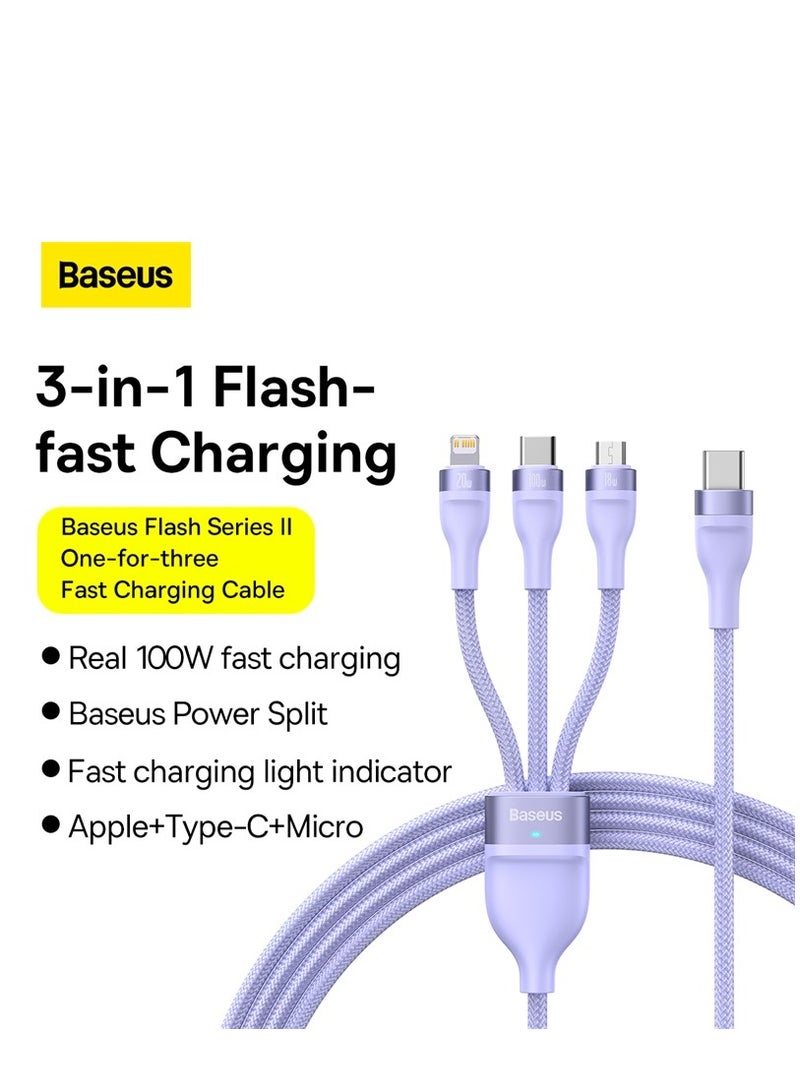 Baseus - USB C Multi Charging Cable [1.5M] 3 In 1 Charging Cable Type C [100W]+Lightning[20W]+Micro[18W] For Samsung S23, iPad Pro, iPad Mini, MacBook Pro/Air/iPhone 15 Pro Max/Plus 14 13 12 11 Purple - Image 1