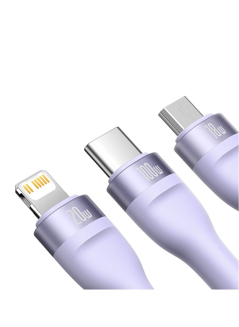 Baseus - USB C Multi Charging Cable [1.5M] 3 In 1 Charging Cable Type C [100W]+Lightning[20W]+Micro[18W] For Samsung S23, iPad Pro, iPad Mini, MacBook Pro/Air/iPhone 15 Pro Max/Plus 14 13 12 11 Purple - Image 1