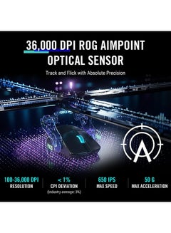 أسوس ماوس الألعاب اللاسلكي P713 ROG Harpe، إصدار Ace Aim Lab، خفيف الوزن للغاية 54 جرام، مستشعر 36000 نقطة في البوصة، 5 أزرار قابلة للبرمجة، اتصال ثلاثي الأوضاع (RF 2.4 جيجا هرتز، بلوتوث، سلكي)، SpeedNova، أسود  - Image 3