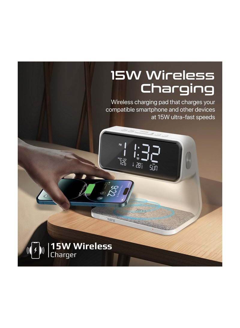 iPhone 16 Digital Alarm Clock, 3-In-1 LED Bedside Alarm Clock With 15W Wireless Charging Pad, Dual Alarms, Snooze Function, LED Display Screen And 3 Mode Night Light For iPhone 15, Galaxy S25 - White