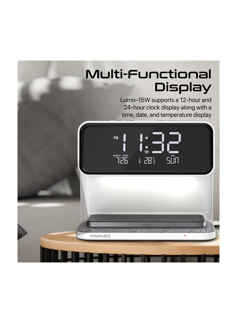 iPhone 16 Digital Alarm Clock, 3-In-1 LED Bedside Alarm Clock With 15W Wireless Charging Pad, Dual Alarms, Snooze Function, LED Display Screen And 3 Mode Night Light For iPhone 15, Galaxy S25 - White