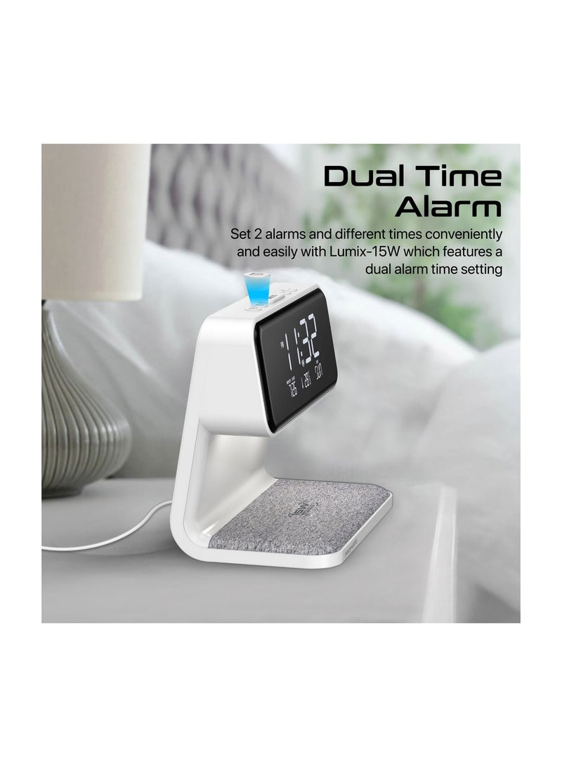 iPhone 16 Digital Alarm Clock, 3-In-1 LED Bedside Alarm Clock With 15W Wireless Charging Pad, Dual Alarms, Snooze Function, LED Display Screen And 3 Mode Night Light For iPhone 15, Galaxy S25 - White