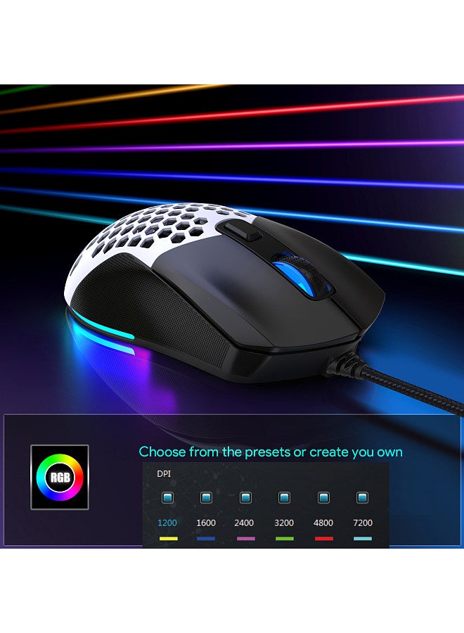 X300 RGB Gaming Mouse Backlit Wired Ergonomic 6 Button Programmable Mouse with Macro Recording & wheel speed Set 7200 DPI for Windows PC (Black) Black