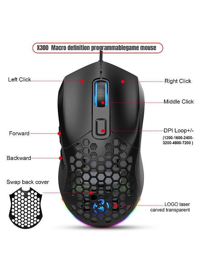 X300 RGB Gaming Mouse Backlit Wired Ergonomic 6 Button Programmable Mouse with Macro Recording & wheel speed Set 7200 DPI for Windows PC (Black) Black