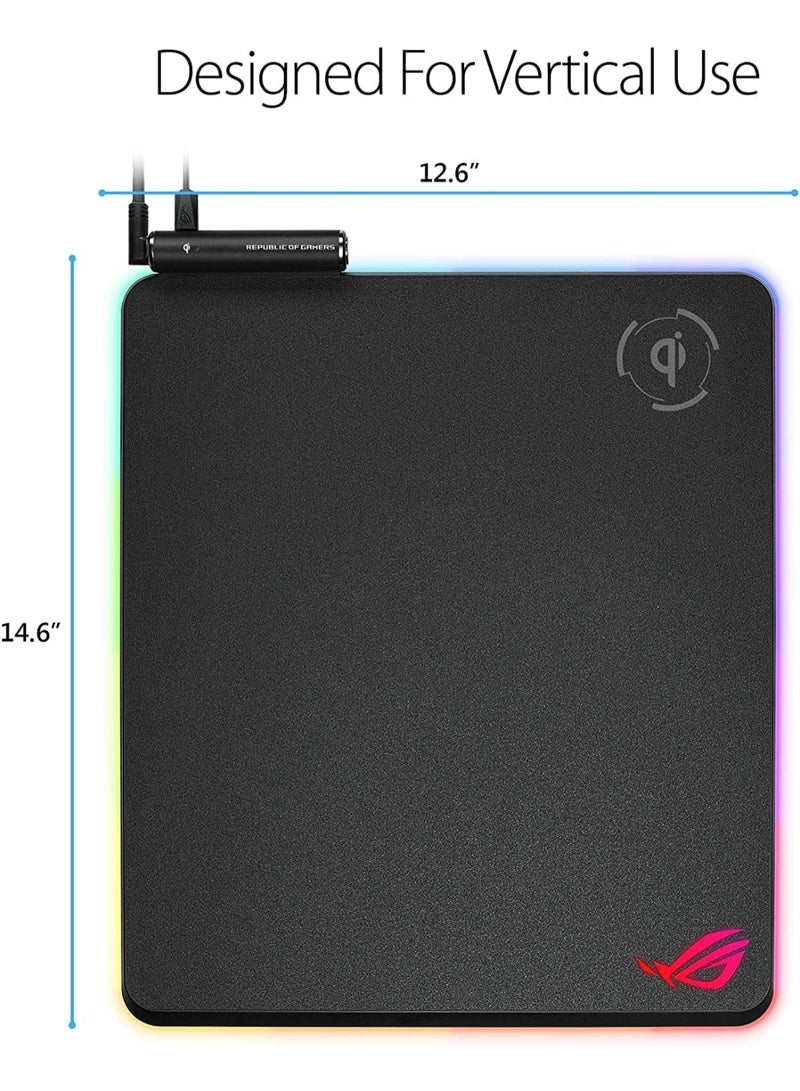 أسوس - ROG Balteus Qi Vertical Gaming Mouse Pad with Wireless Qi Charging Zone, Hard Micro-Textured Gaming Surface, USB Pass-Through, Aura Sync RGB Lighting and Non-Slip Base (12.6” X 14.6”) Black - Image 1