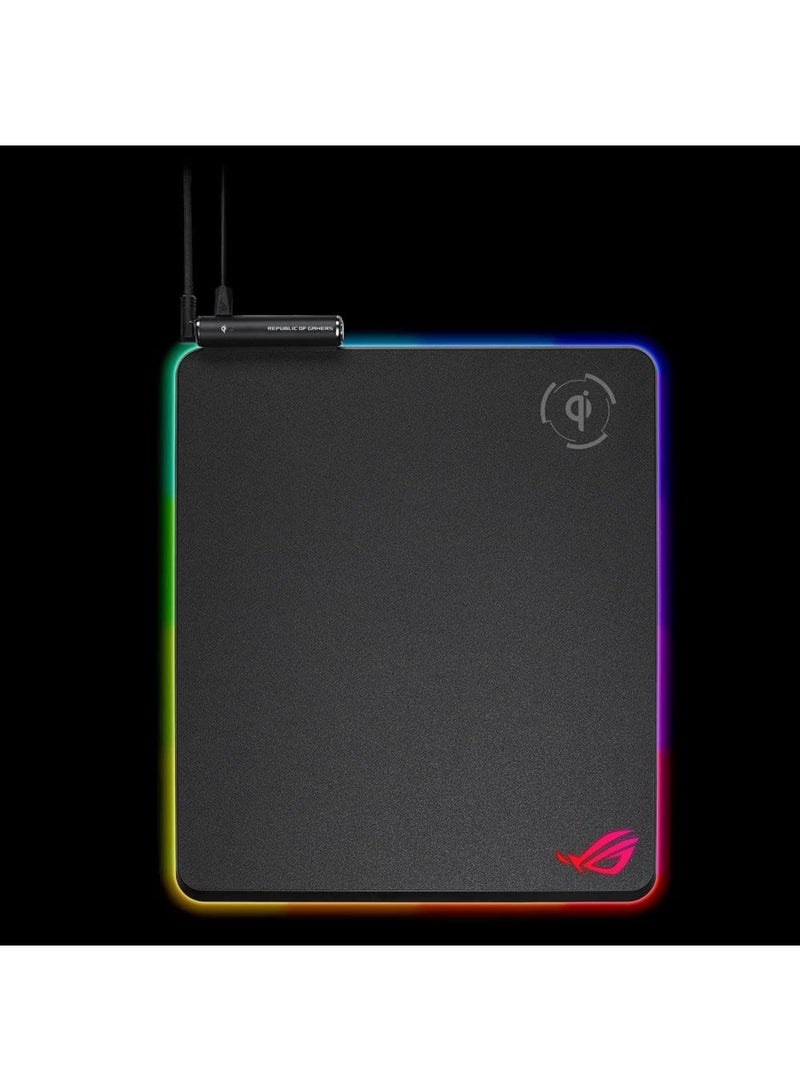 أسوس - ROG Balteus Qi Vertical Gaming Mouse Pad with Wireless Qi Charging Zone, Hard Micro-Textured Gaming Surface, USB Pass-Through, Aura Sync RGB Lighting and Non-Slip Base (12.6” X 14.6”) Black - Image 1