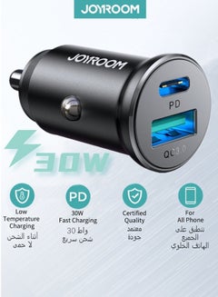 جوي روم شاحن سيارة USB C، محول شاحن سيارة USB معدني سريع للغاية بقدرة 30 وات، PD &amp; QC 3.0 بمنفذ مزدوج لهاتف iPhone 15/Pro/Pro Mam، وSamsung Galaxy Note، وPixel، والمزيد من أجهزة USB C باللون الأسود  - Image 1