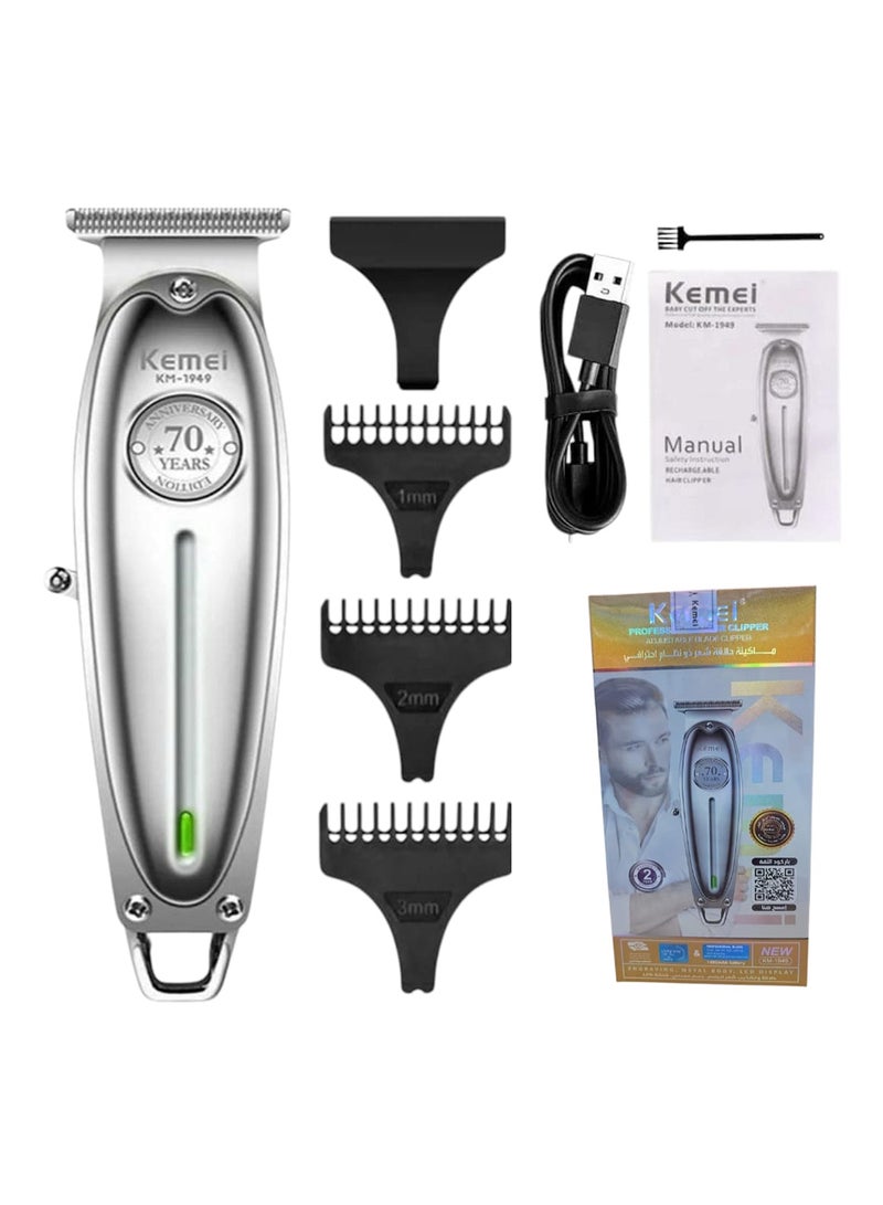 Kemei Professional Head And Beard Trimmer With 0Mm Blade For Men Hairdressers And Barbers, KM-1949 Quiet Rechargeable Cordless Clipper (Saudi Version) Silver Color - Image 1