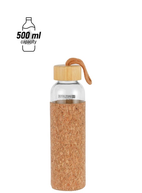 Water Transparent Glass Bottle with Bamboo Lid and Removable Cork Sleeves Brown