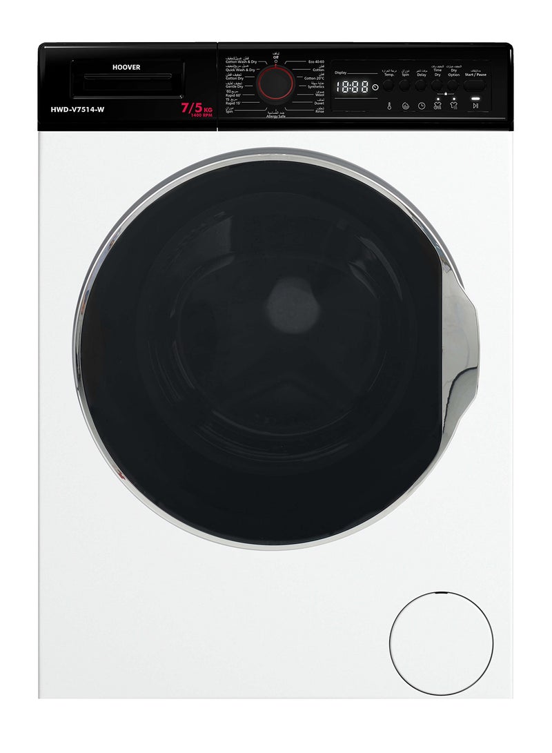 HOOVER HWD-V7514-W 7/5Kg Front Loading Washer Dryer, 1400 RPM, 15 Programs,Knob & Touch Control Panel, Overflow & Foam Protection, Stainless Steel Drum, Made in Turkey, 1 Year Warranty, White 7 kg 2200 W HWD-V7514-W White