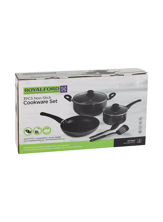 Royalford 7-Piece Non-Stick Press Aluminum Cookware Set- RF11953| Aluminum Body With 3-Layer Non-Stick Coating, CD Bottom, Bakelite Handles And Glass Lid Grey 53cm 