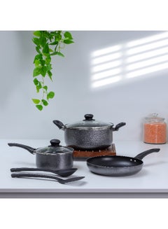 Royalford 7-Piece Non-Stick Press Aluminum Cookware Set- RF11953| Aluminum Body With 3-Layer Non-Stick Coating, CD Bottom, Bakelite Handles And Glass Lid Grey 53.5 X 12 X 31cm