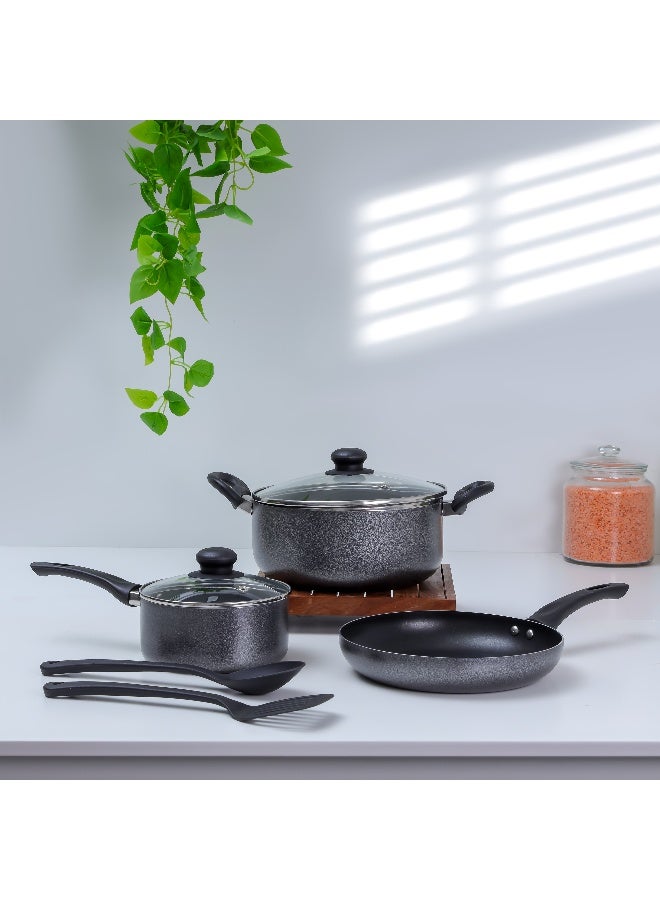 Royalford - Royalford 7-Piece Non-Stick Press Aluminum Cookware Set- RF11953| Aluminum Body With 3-Layer Non-Stick Coating, CD Bottom, Bakelite Handles And Glass Lid Grey 53.5 X 12 X 31cm - Image 1