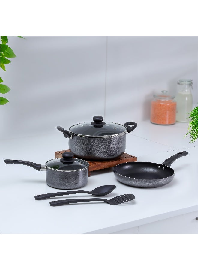 Royalford - Royalford 7-Piece Non-Stick Press Aluminum Cookware Set- RF11953| Aluminum Body With 3-Layer Non-Stick Coating, CD Bottom, Bakelite Handles And Glass Lid Grey 53.5 X 12 X 31cm - Image 1