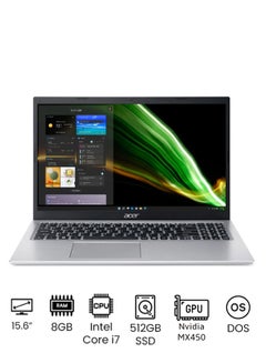 Aspire 5 Laptop With 15.6-inch FHD (1920x1080) Display,Core i7-1165G7 Processor/8GB RAM/512GB SSD/DOS(Without Windows)/Nvidia GeForce MX450 Graphics/ English/Arabic Pure silver