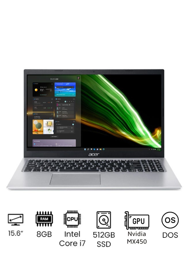 Acer - Aspire 5 Laptop With 15.6-inch FHD (1920x1080) Display,Core i7-1165G7 Processor/8GB RAM/512GB SSD/DOS(Without Windows)/Nvidia GeForce MX450 Graphics/ English/Arabic Pure silver - Image 1