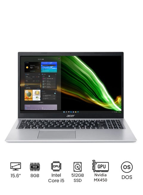 Aspire 5 Laptop With 15.6-inch FHD (1920x1080) Display, Core i5-1135G7 Processor/8GB RAM/512GB SSD/DOS(Without Windows)/Nvidia GeForce MX450 Graphics/ English/Arabic Pure silver